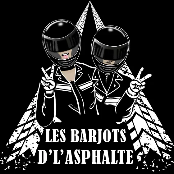 illustrations de 2 motards et des traces de pneu. Logo les barjots d'l'asphalte